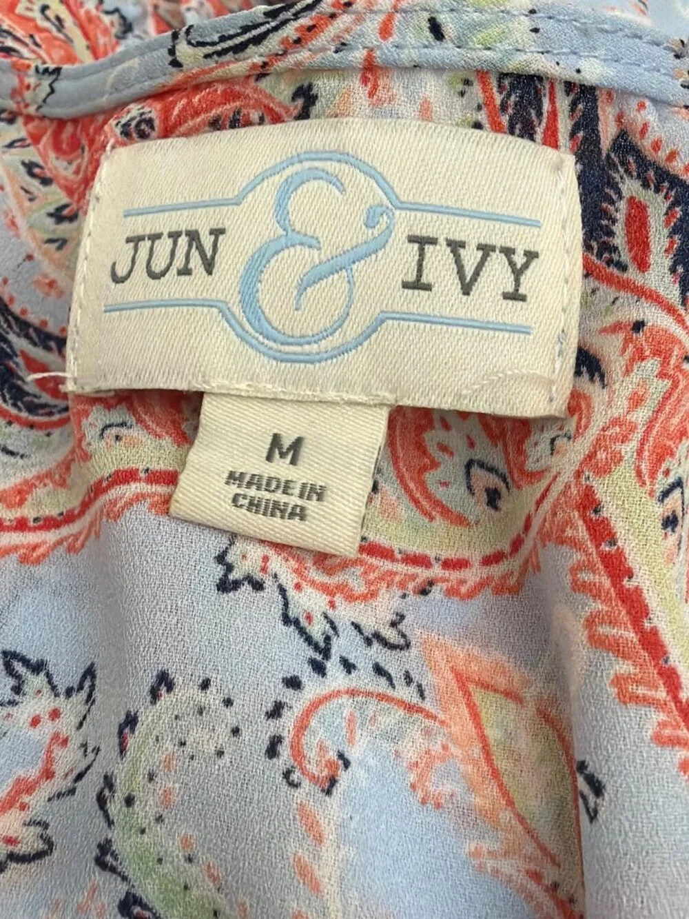 Jun & Ivy Women's Light Blue & orange Paisley Faux Wrap Mini Dress Size M